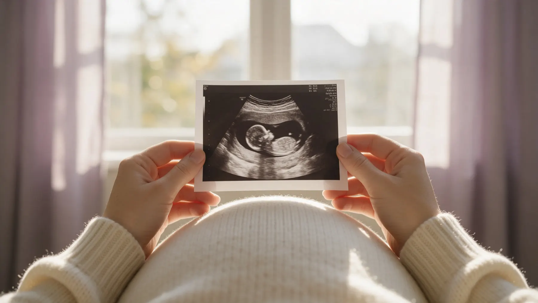 A pregnant woman holding an ultrasound scan printout over her bump