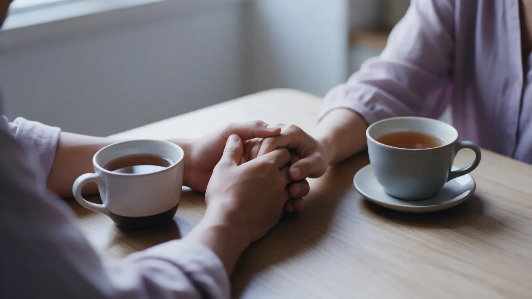 A couple holding hands across a table beside two cups of tea