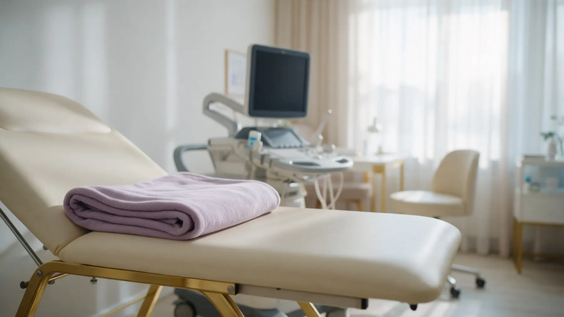 A bright consultation room with an examination couch and an ultrasound machine