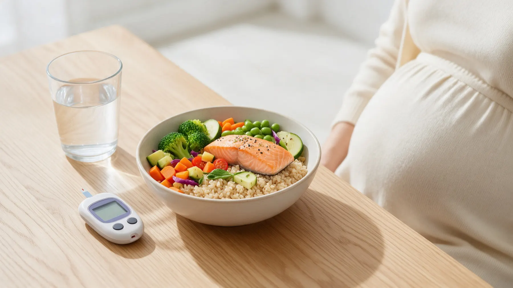 A balanced lunch bowl and a blood glucose meter on a table beside a pregnant woman's bump
