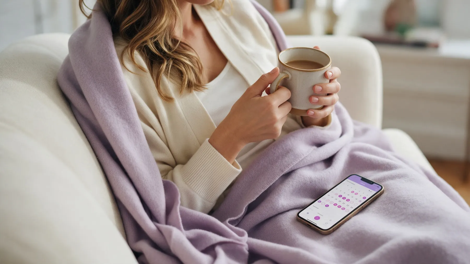 A woman resting on a sofa under a blanket, holding a warm mug
