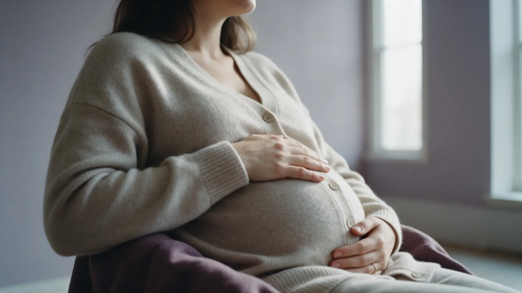 An expectant mother resting her hands on her bump by a window