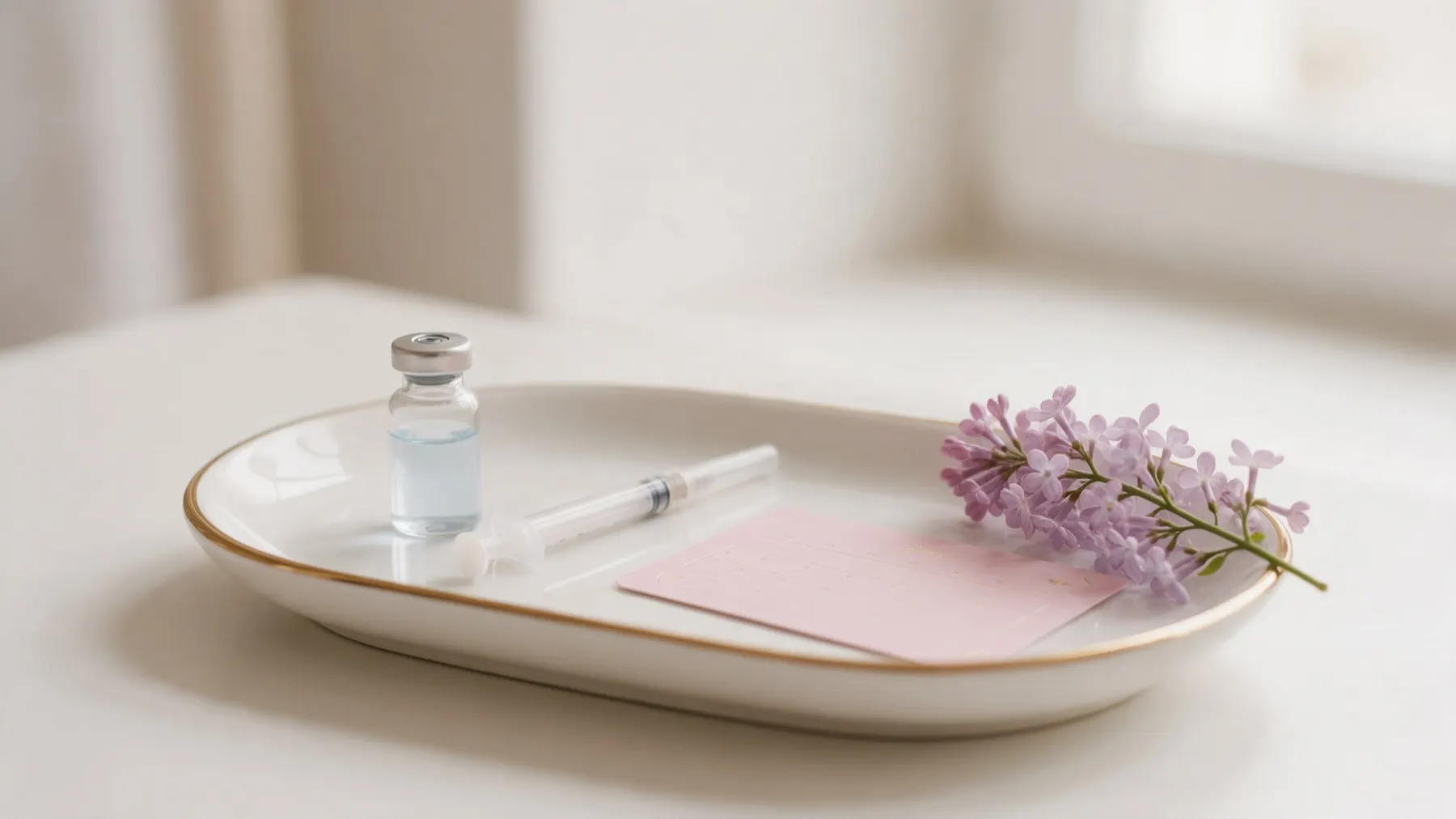 A vaccine vial and syringe on a tray beside a pink appointment card and lilac flowers