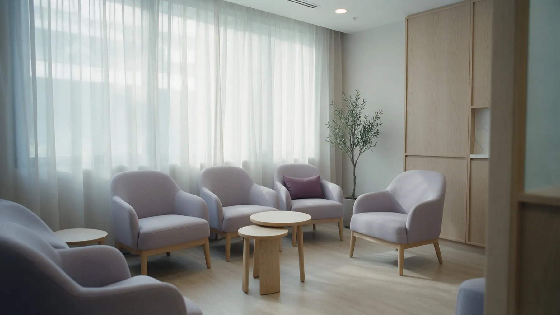 A calm clinic waiting lounge with soft armchairs and daylight