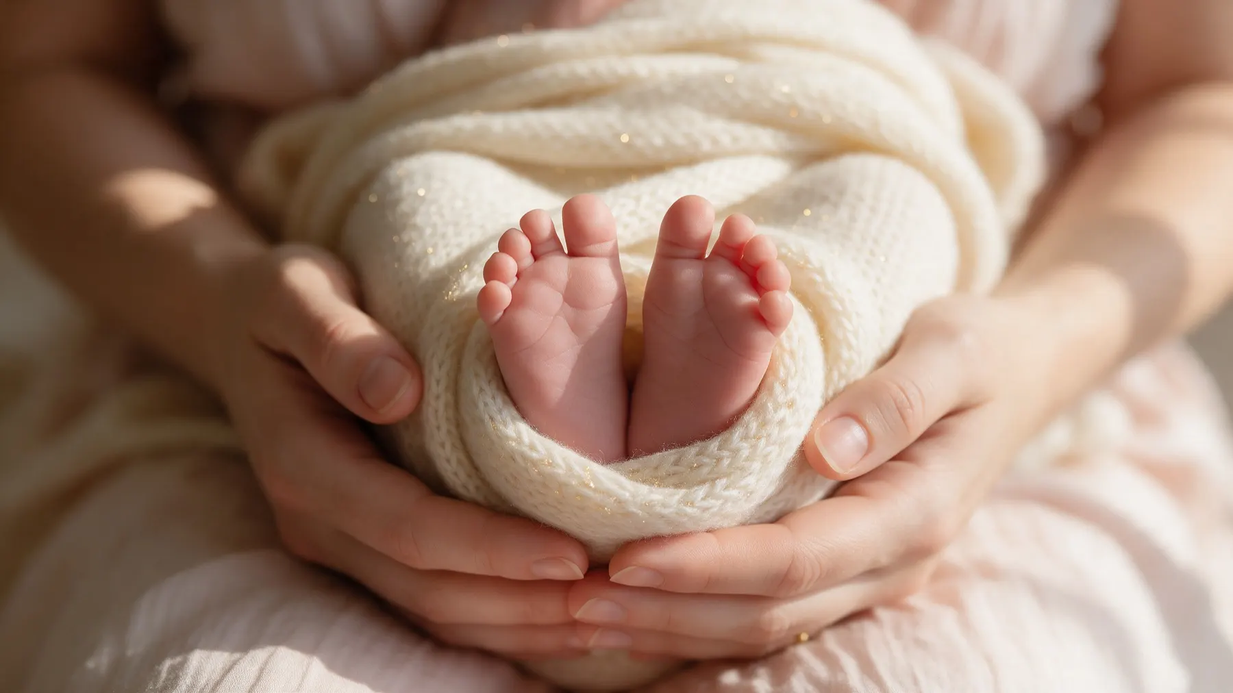 A newborn's feet wrapped in a cream blanket in a mother's hands