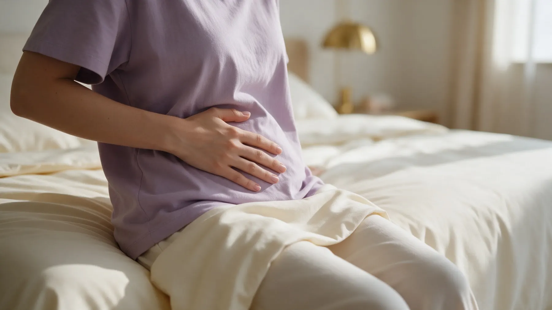 A woman sitting on the edge of a bed in morning light with a hand on her lower abdomen