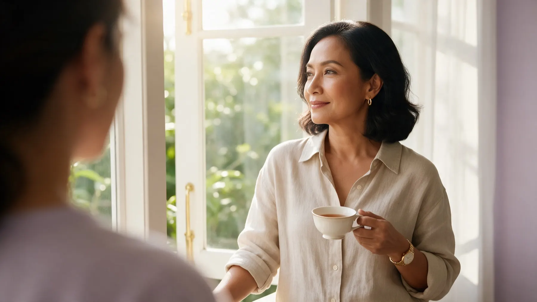 A woman in her late forties standing by a bright window with a cup of tea
