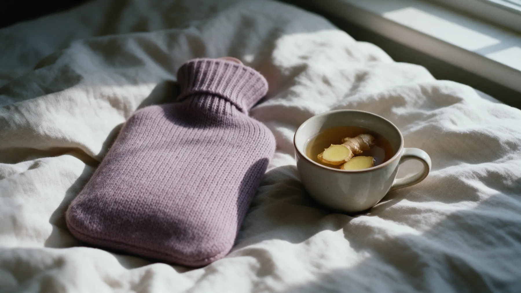A hot water bottle and a cup of ginger tea on soft bedding