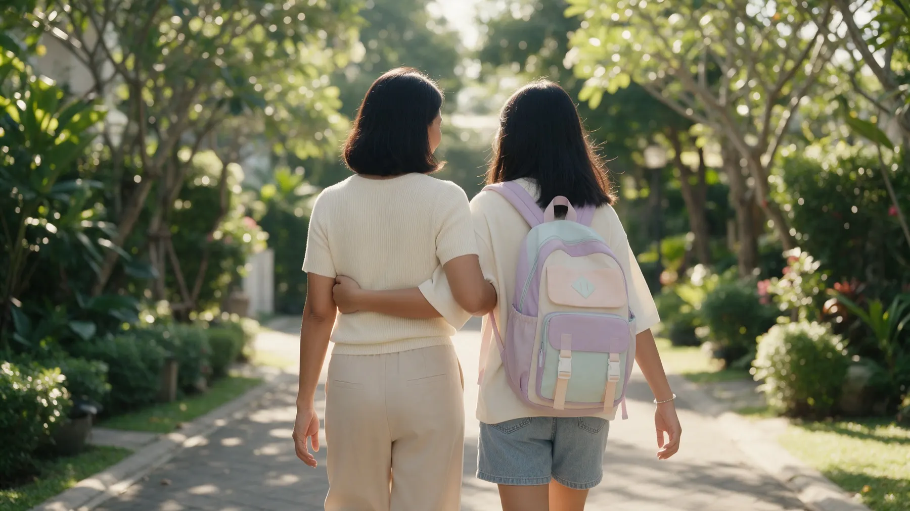 A mother and teenage daughter walking side by side along a sunlit garden path