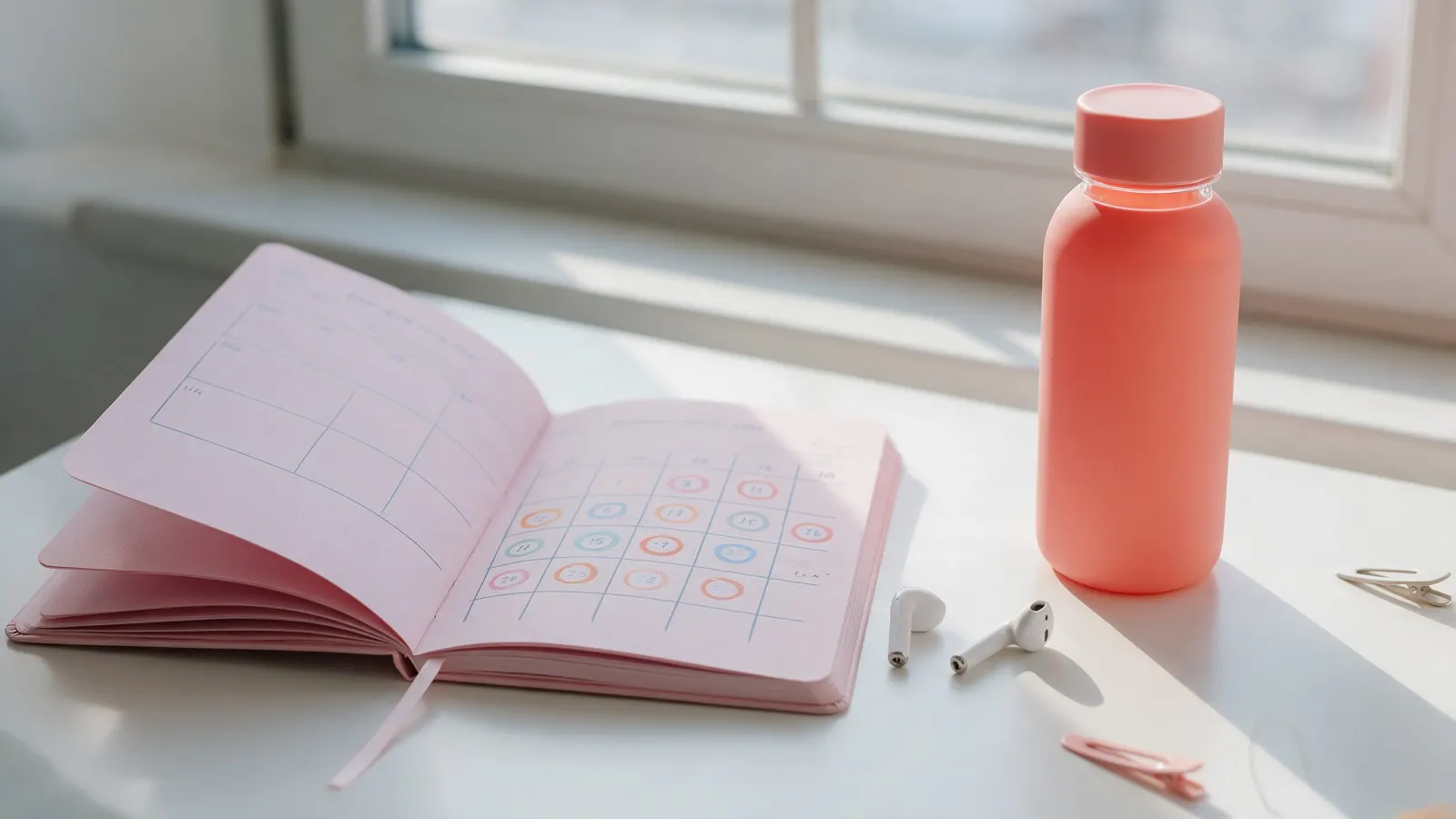 A pink planner, earbuds and a water bottle on a bright desk
